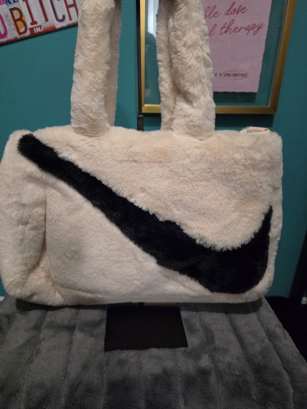 Nike Faux-Fur Tote Bag in Cream and Black